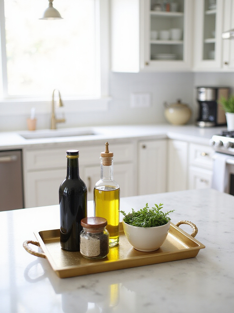 Decorative marble tray organizing olive oils and spices on a modern kitchen countertop