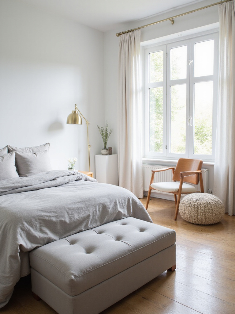 Bedroom with tufted ottoman at foot of bed and knitted pouf in reading nook
