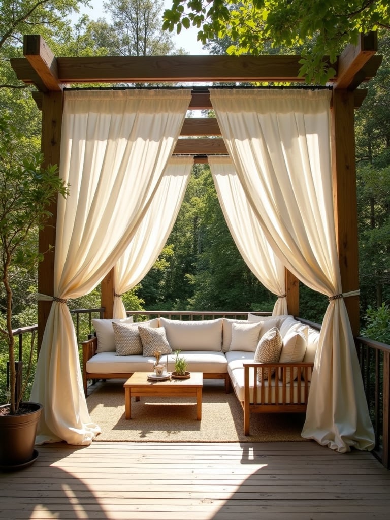 Elegant deck with sheer white outdoor curtains providing shade and privacy.