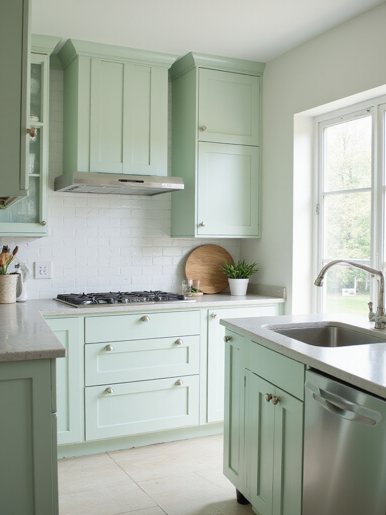 Freshly repainted sage green kitchen cabinets in a bright, modern kitchen.