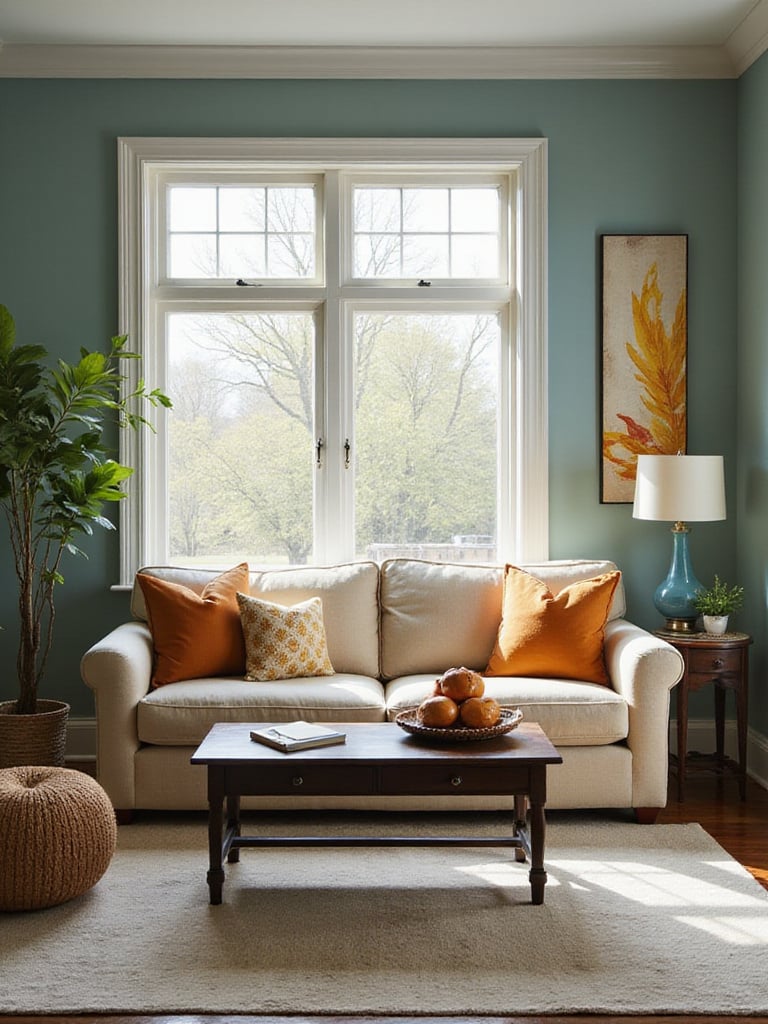 Living room with teal walls, beige sofa, and warm-toned accents creating a calming atmosphere.