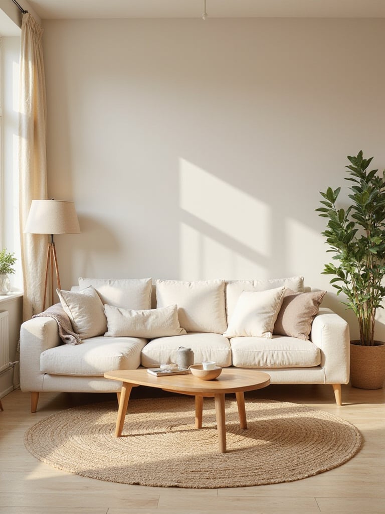 Serene living room with neutral color palette, beige walls, cream sofa, and jute rug.