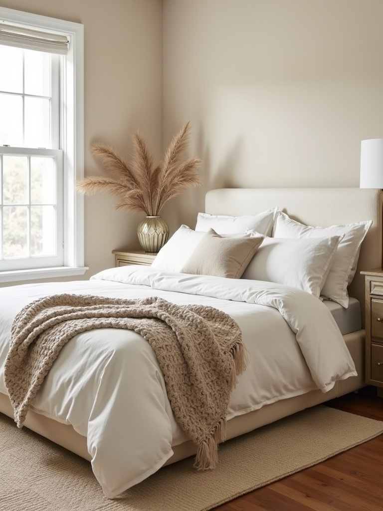 Beige and Cream Monochromatic Bedroom Design with Layered Textures