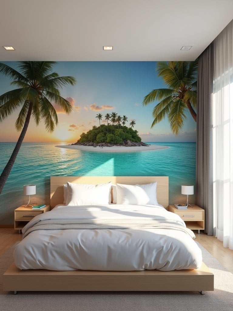 Modern bedroom with custom panoramic mural wallpaper featuring a tropical island sunset.