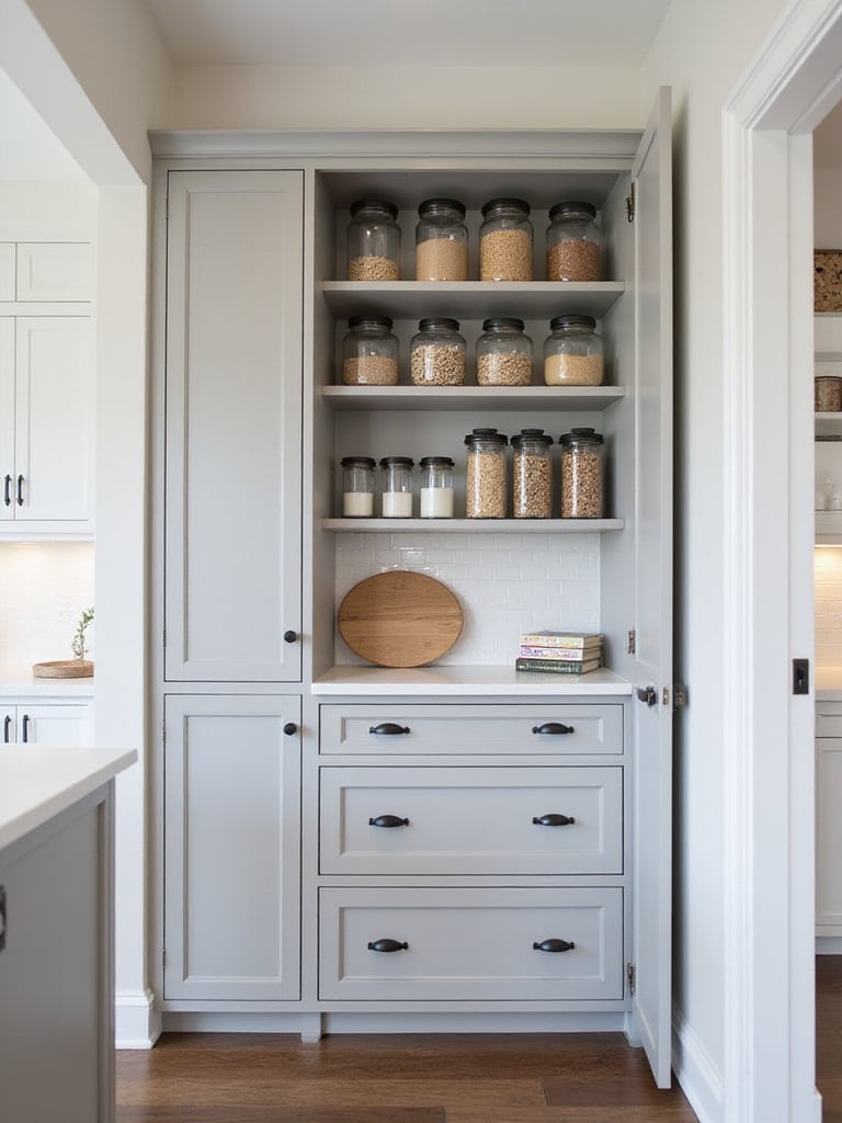 Modern walk-in pantry with custom cabinetry and organized food storage.