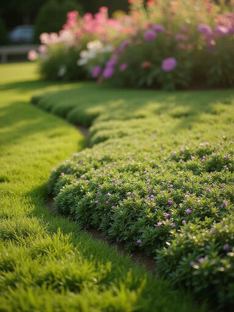 Creeping thyme edging between a lawn and flower garden