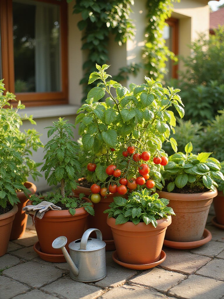 Container garden with tomatoes, peppers, spinach, and basil on a sunny patio.