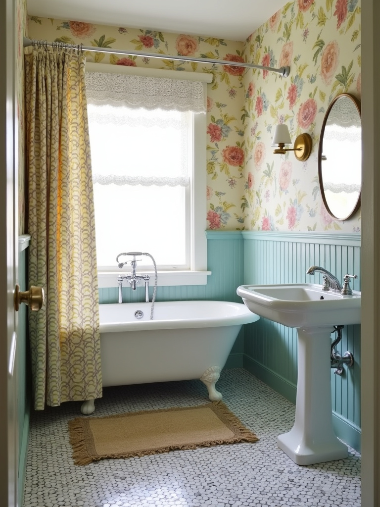 Vintage bathroom remodel with penny tile floor and floral wallpaper.