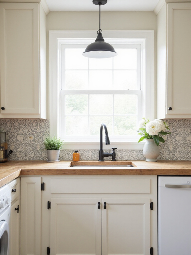 Farmhouse kitchen with gray and white patterned encaustic tile backsplash.