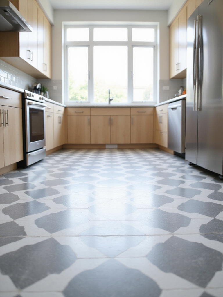 Modern kitchen with geometric patterned tile flooring.