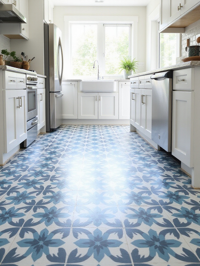 Kitchen floor featuring bold geometric patterned tile in blue and gray