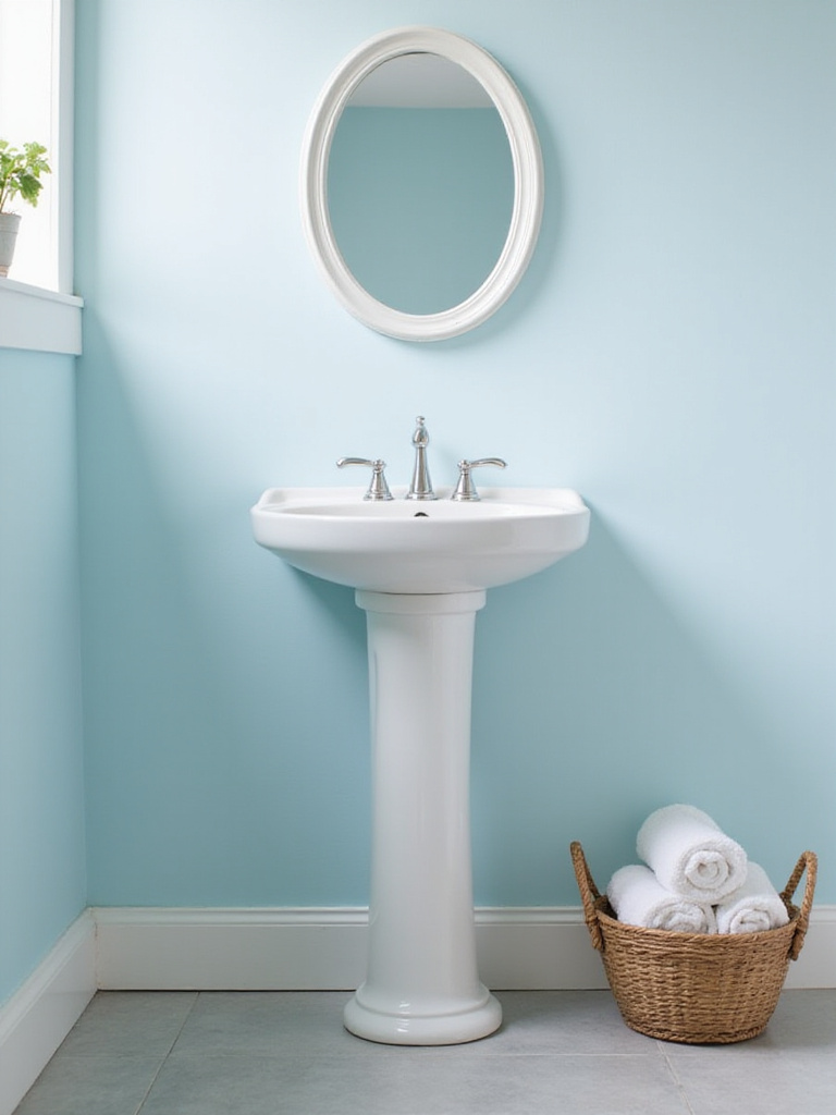 Small bathroom with white pedestal sink and blue walls