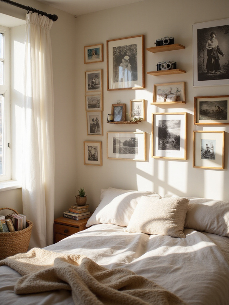Bedroom with a gallery wall featuring family photos and sentimental items.