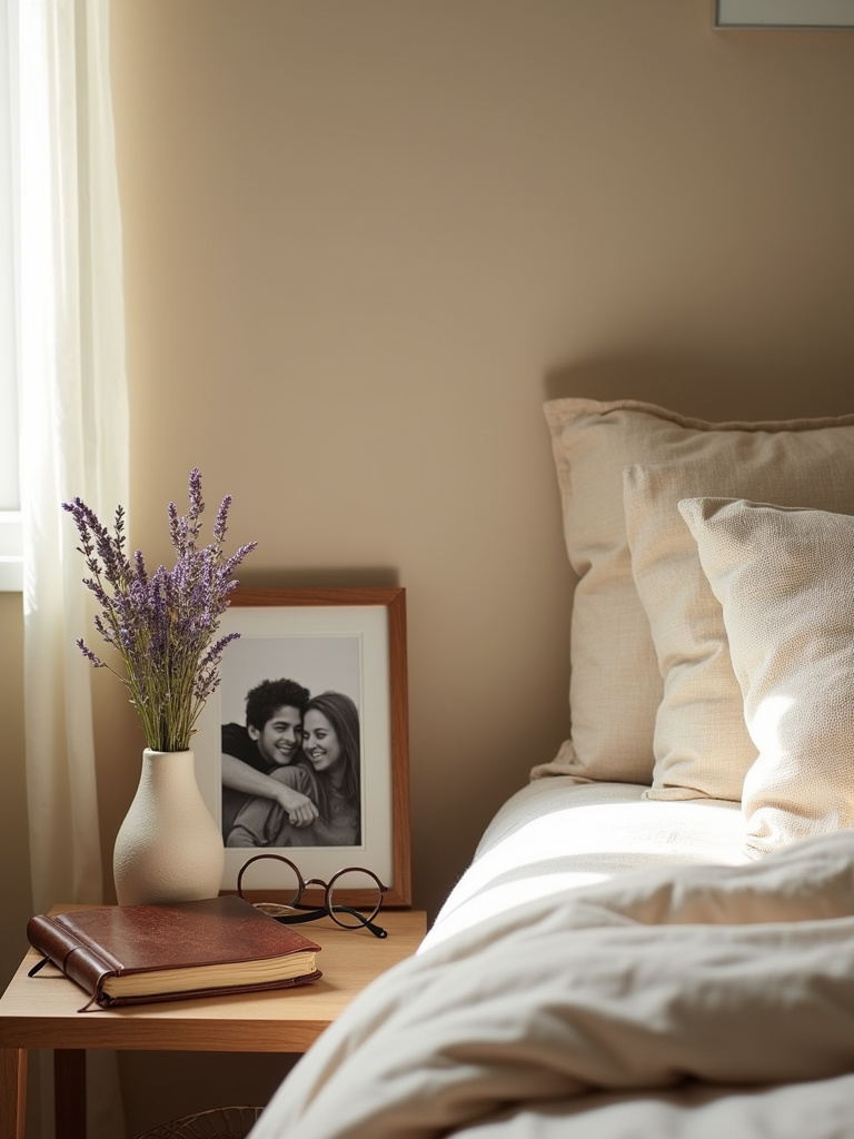 Beige bedroom with personalized decor, including framed photo, lavender, journal, and vintage glasses on bedside table.