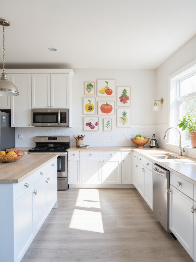 Modern kitchen with a gallery wall of fruit and vegetable prints.