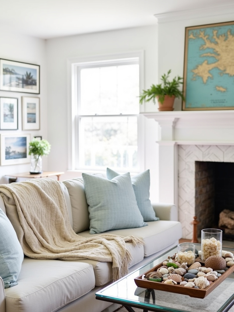 Coastal living room with travel souvenirs and beach memories