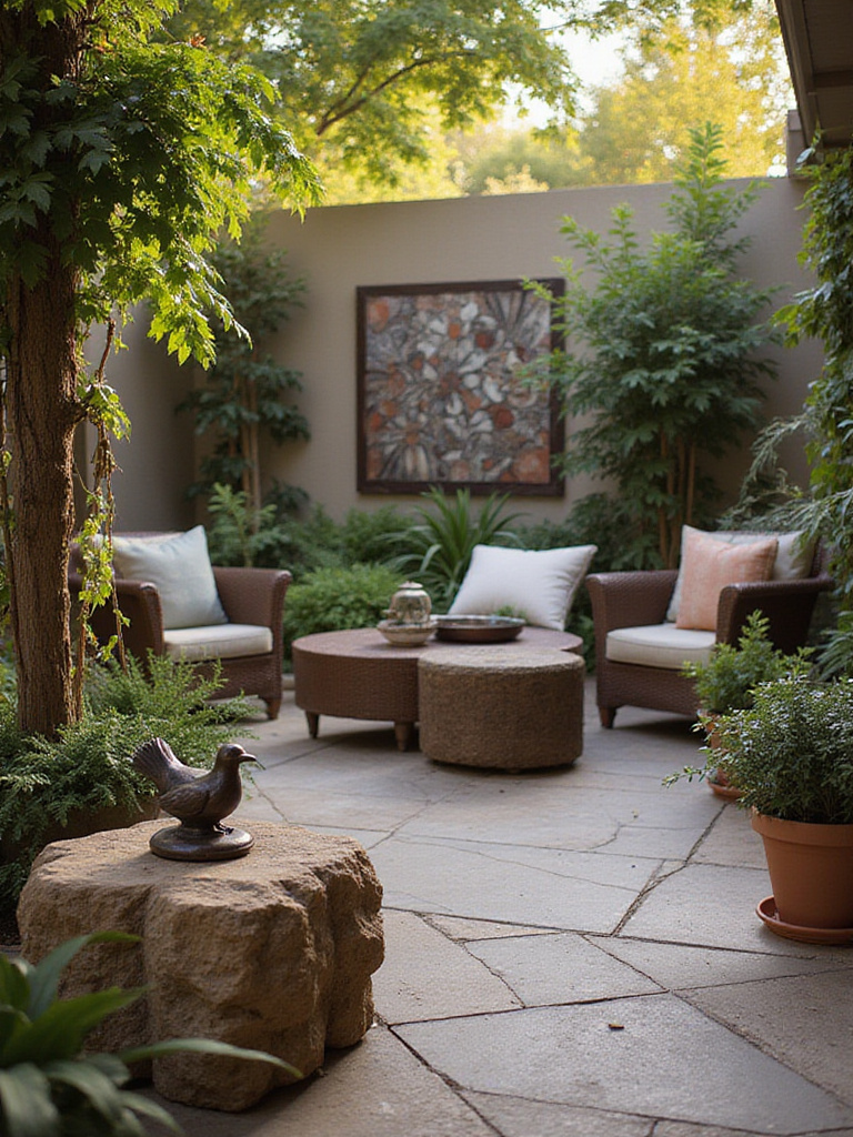 Patio decorated with sculptures and art, creating a personalized outdoor oasis