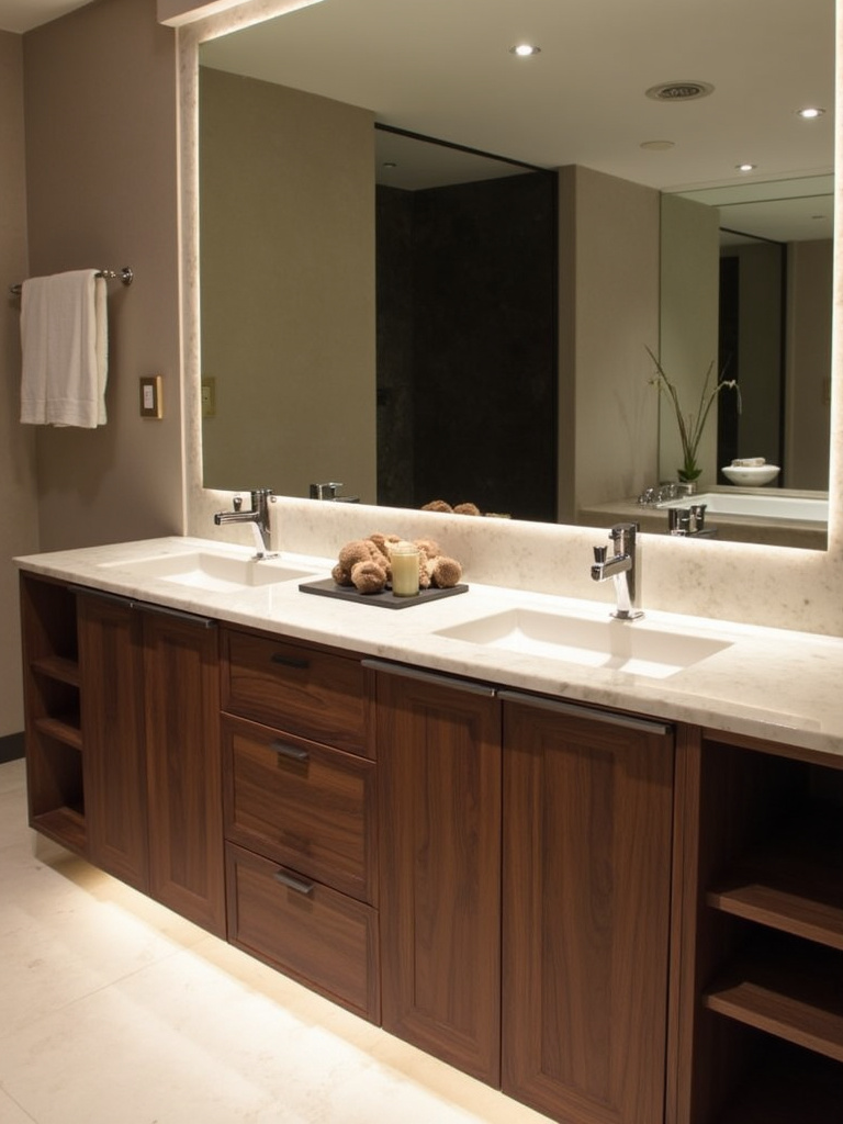 Custom designed walnut vanity with marble countertop in luxury bathroom