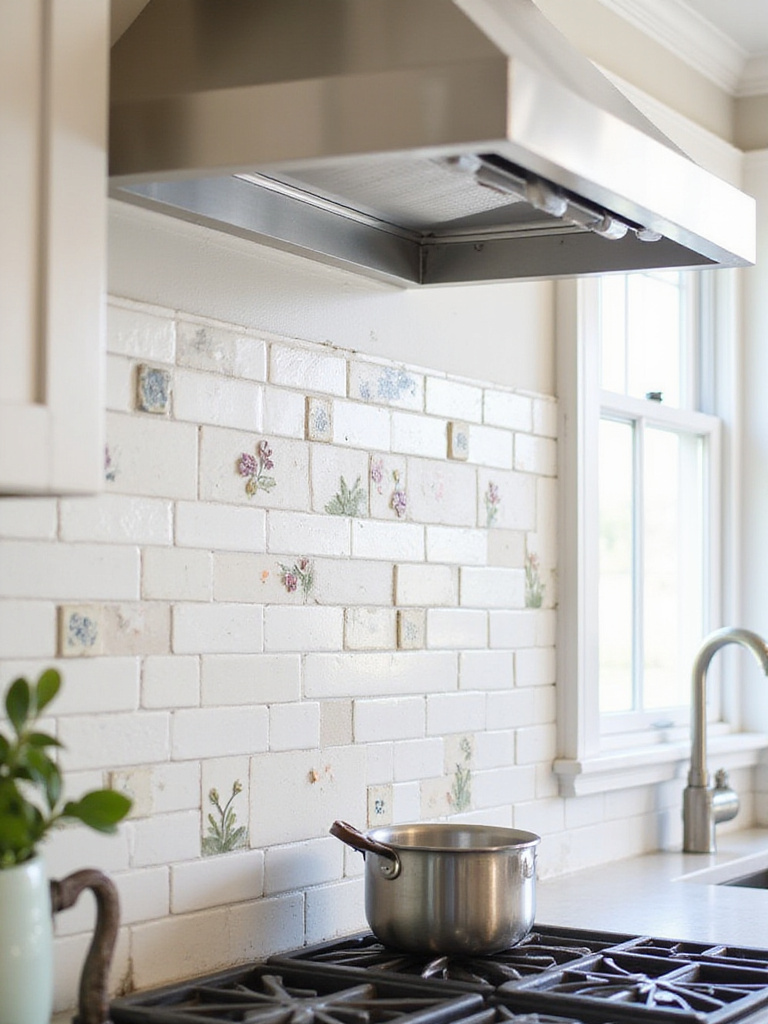 Farmhouse kitchen backsplash featuring white subway tile with hand-painted floral and natural slate decorative inserts.