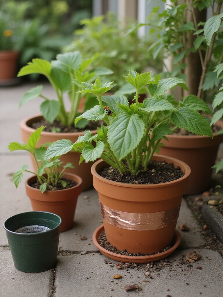 Container garden featuring natural pest control methods like copper tape, diatomaceous earth, and a beer trap.