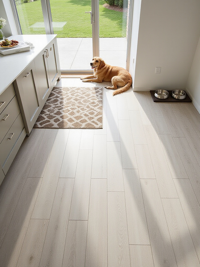 Modern kitchen with pet-friendly luxury vinyl plank flooring and a golden retriever on a rug.