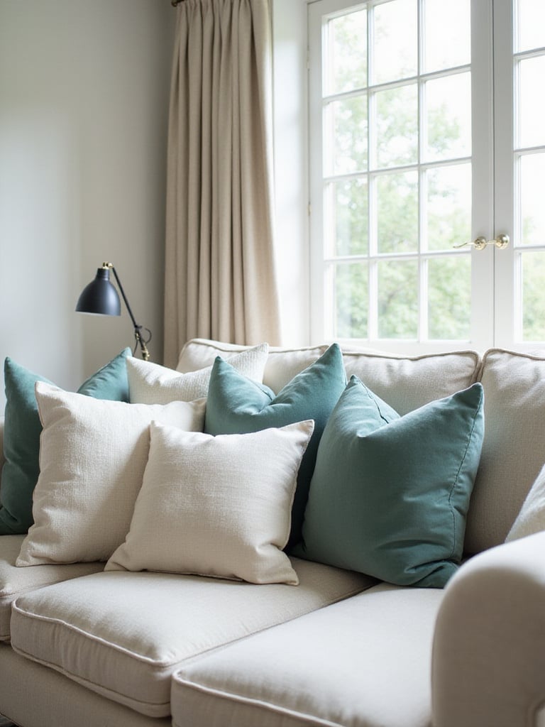 Cozy living room sofa with plush throw pillows in various textures and colors.