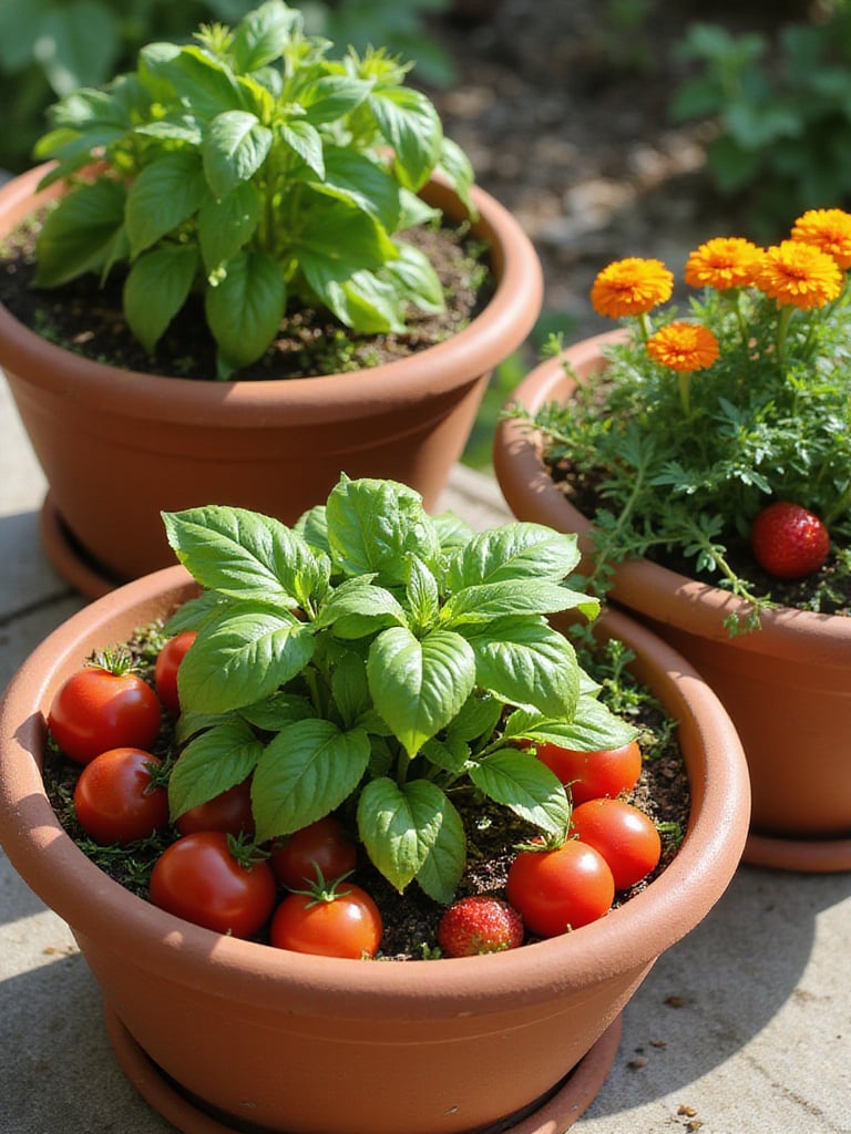 Three terracotta containers showcasing companion planting: tomatoes with basil, peppers with marigolds, and strawberries with thyme.