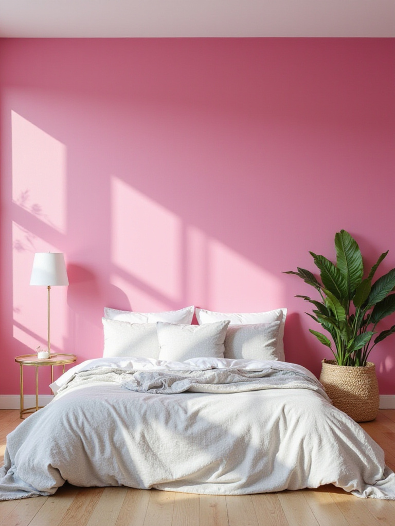 Bedroom with bubblegum pink accent wall, white and gray bedding, and gold accents