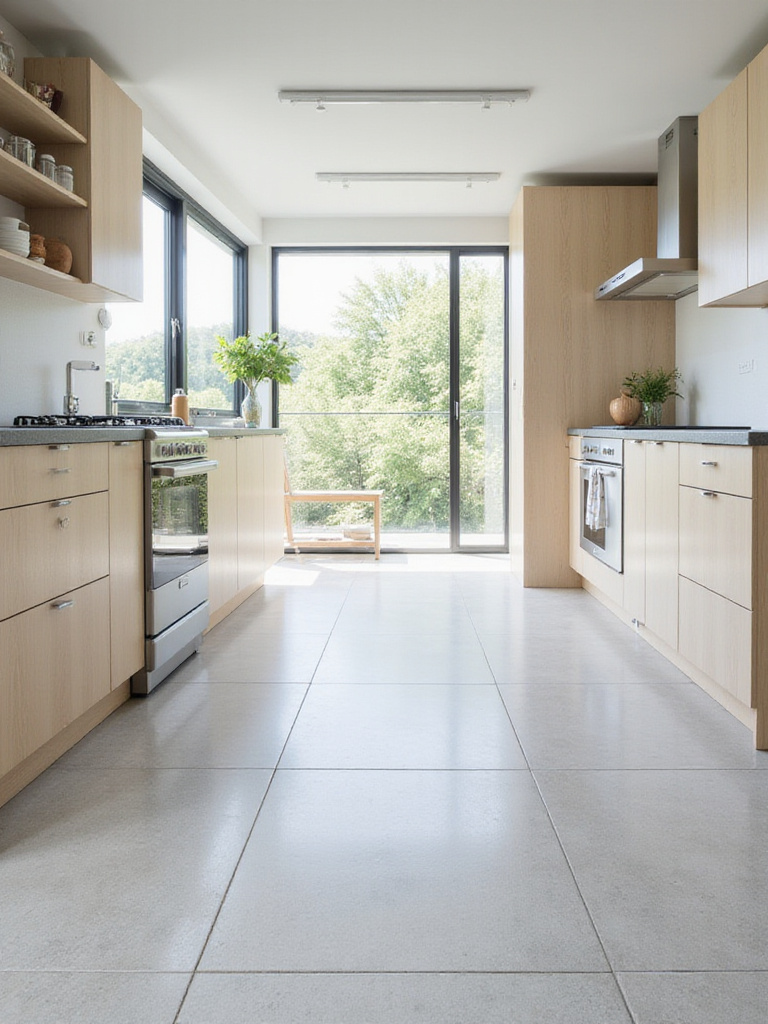 Modern kitchen with light gray large-format porcelain floor tiles