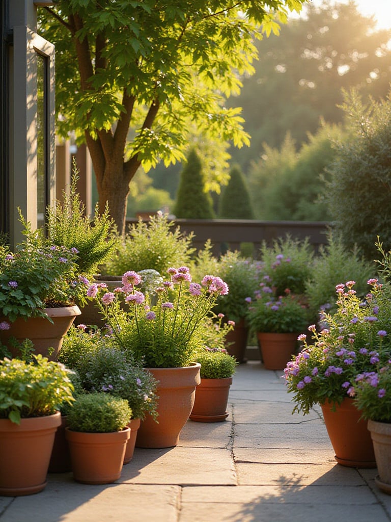 Diverse container garden featuring pots of varying sizes and materials overflowing with plants on a sunlit patio.
