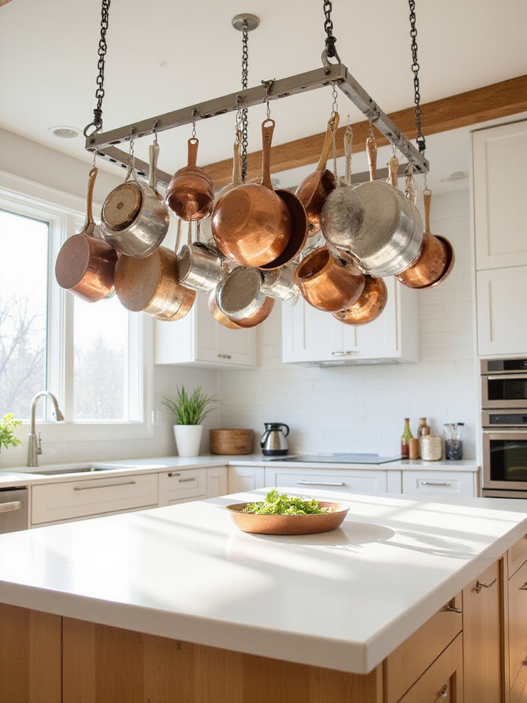 Modern kitchen with stainless steel pot rack hanging above island, displaying copper and stainless steel cookware.