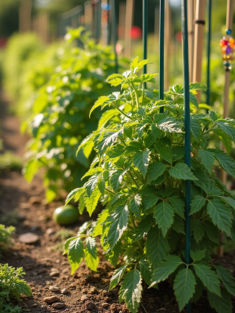 Garden with tomato plants supported by metal stakes and flowering plants supported by bamboo stakes with glass bead finials.