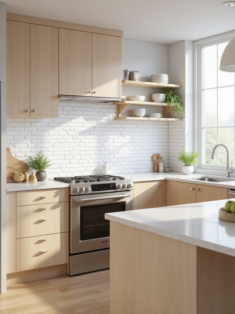Modern kitchen with white subway tile effect wallpaper backsplash