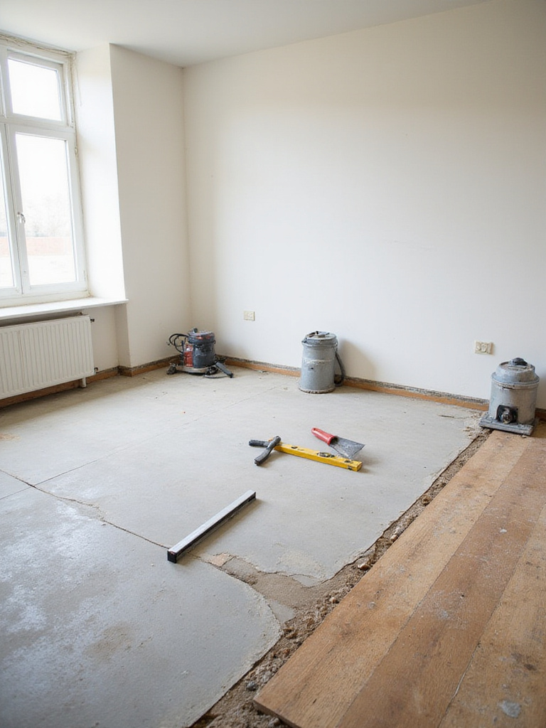 Prepared kitchen subfloor ready for new flooring installation.