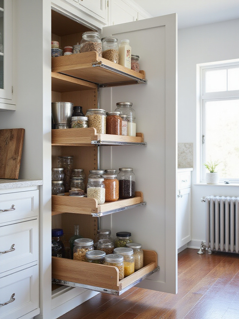 Pull-out pantry shelves providing easy access to organized food storage.