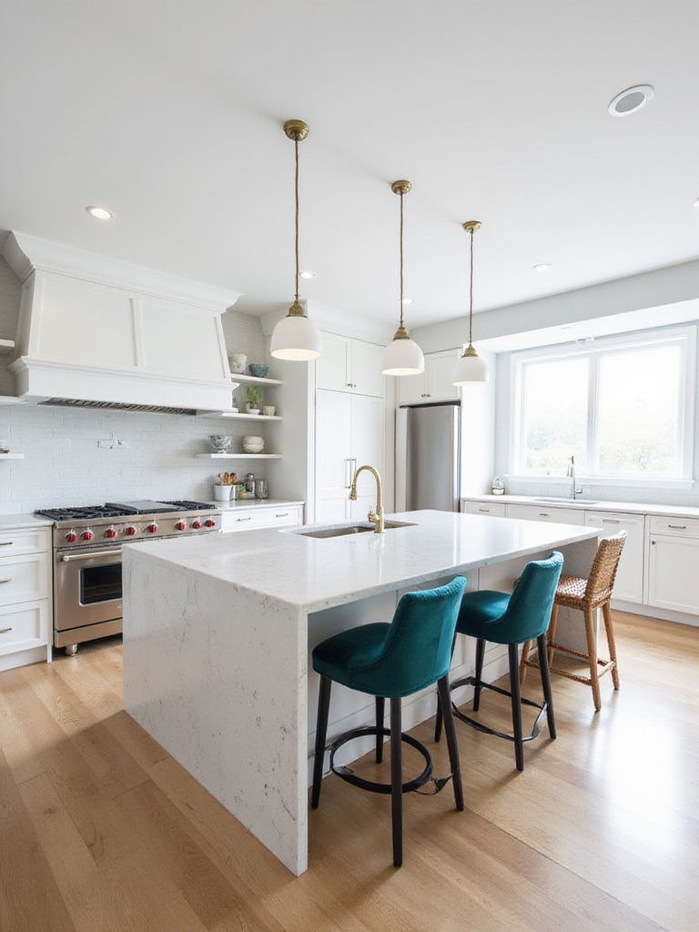 Stylish bar stools at a modern kitchen island