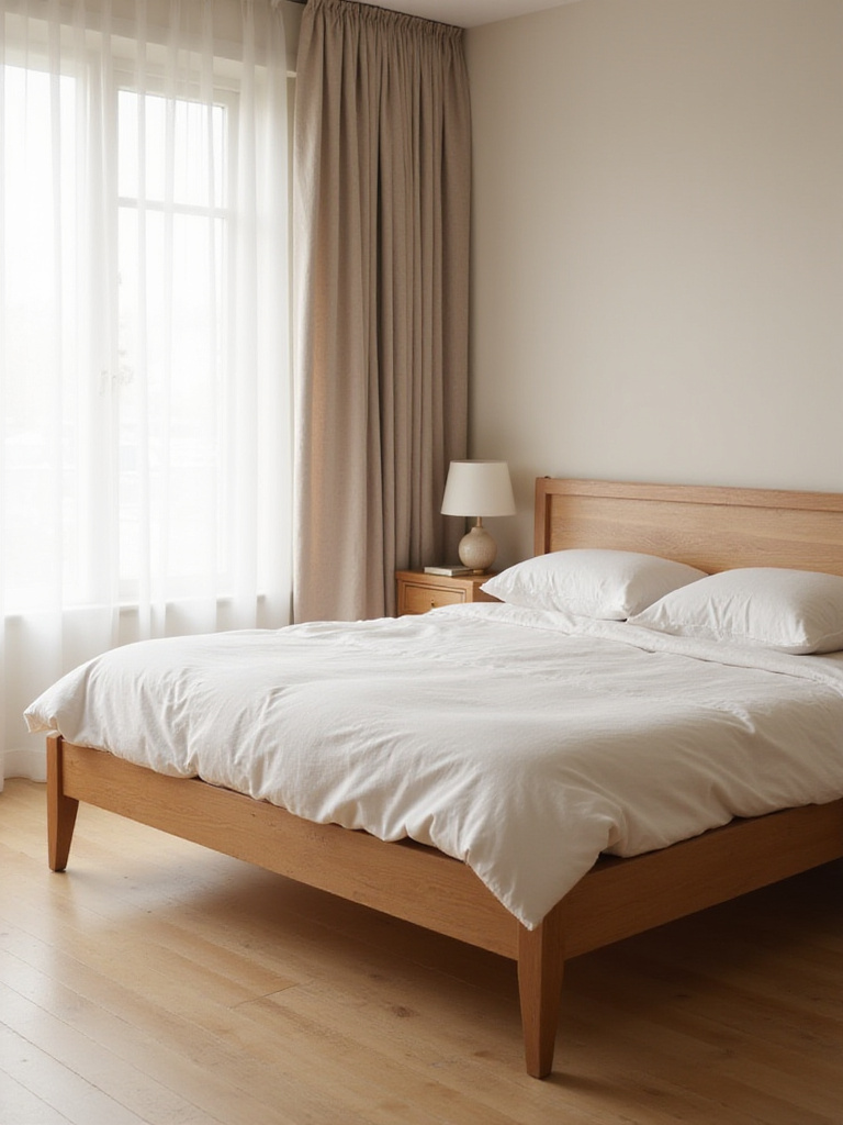 Minimalist bedroom featuring a high-quality wooden bed frame and bedside table.