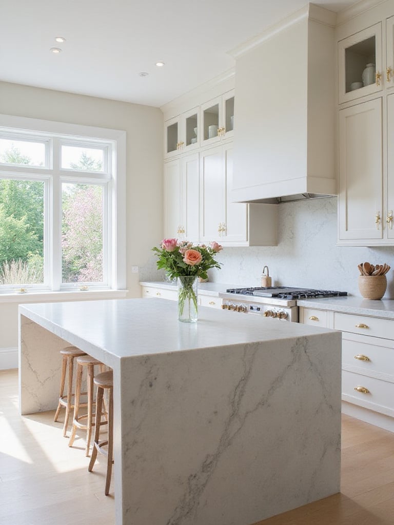 Modern kitchen with light grey quartz countertops and waterfall island.