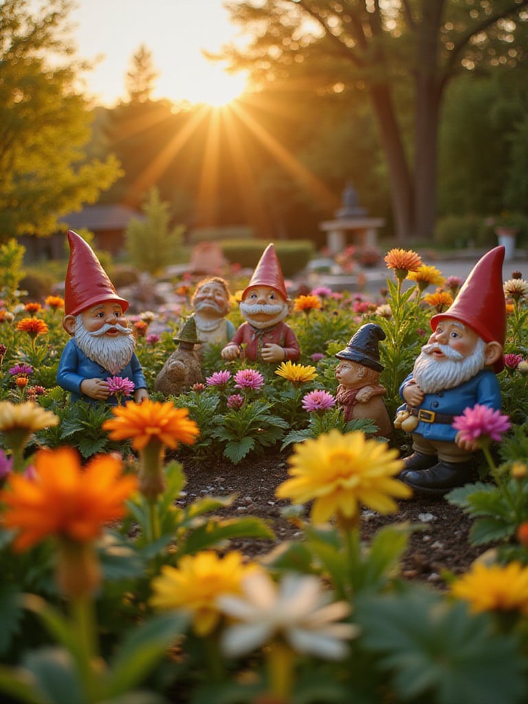 Quirky garden gnomes hidden among colorful flowers in a lush garden.