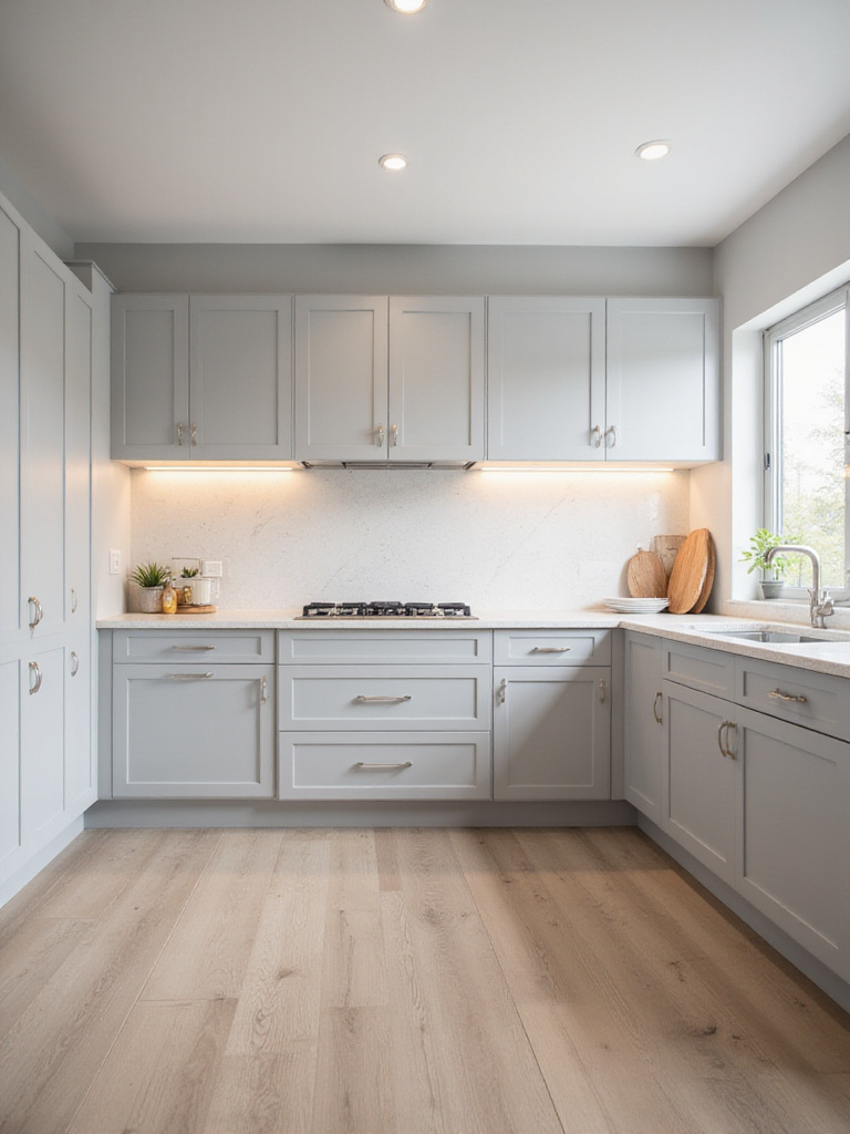 Modern kitchen with light gray RTA cabinets and quartz countertops.
