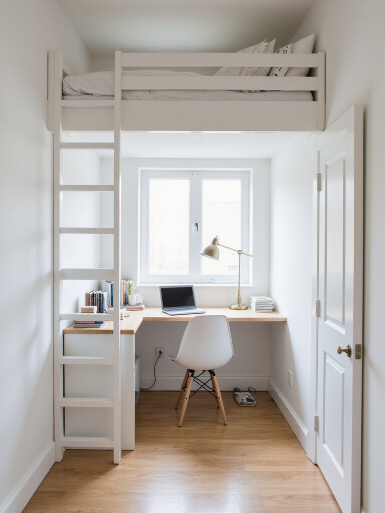Small bedroom with a loft bed and a desk area underneath.