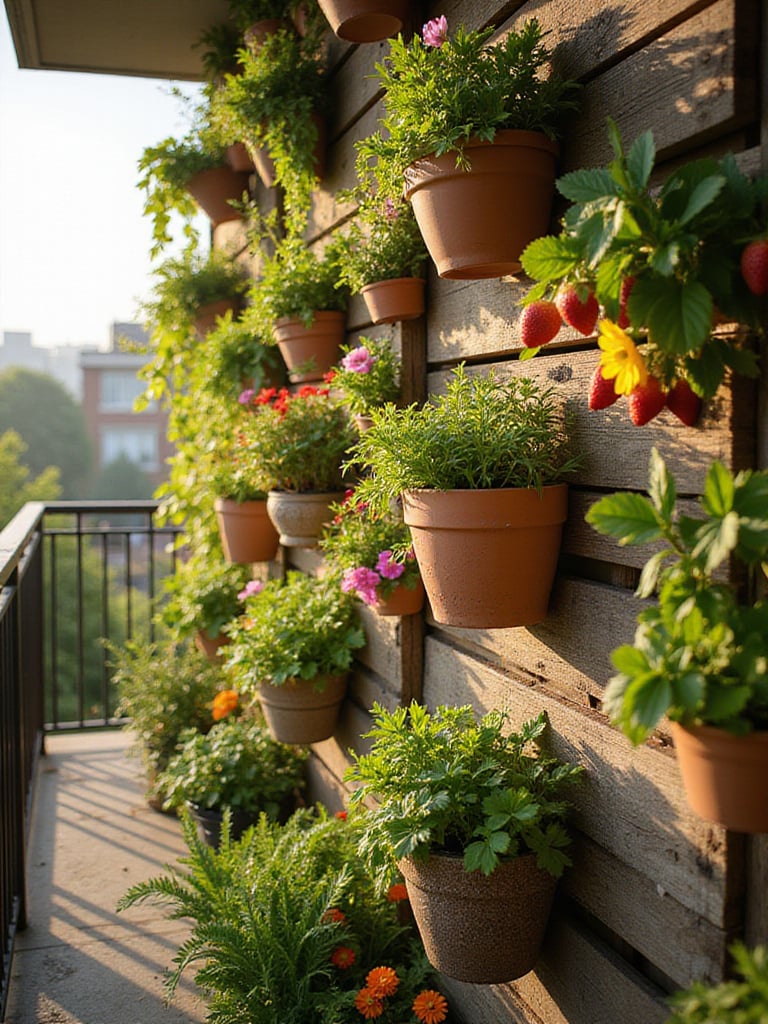 Vertical container garden with herbs, strawberries, and flowers on a sunny balcony.