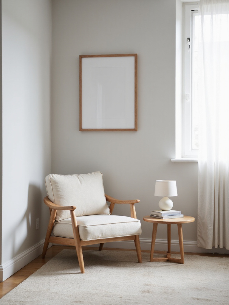 Minimalist bedroom reading nook with armchair, side table, and soft rug.