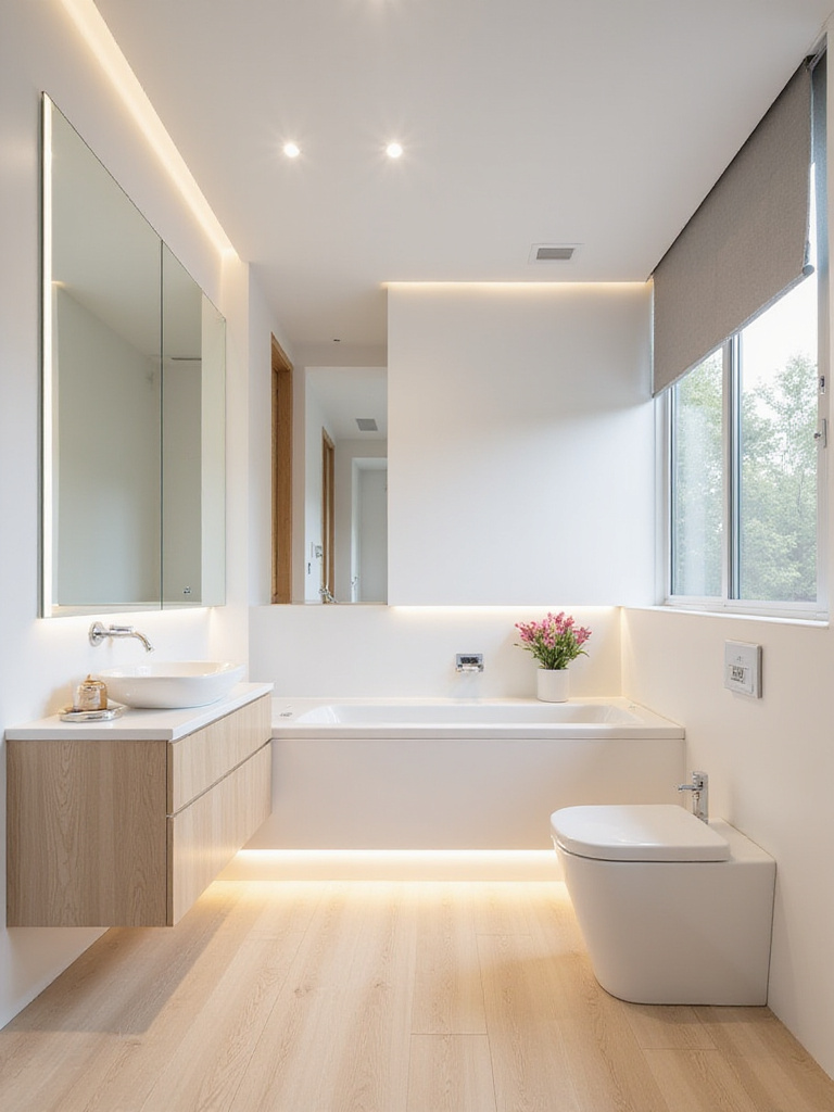 Small bathroom remodel featuring recessed lighting and a backlit mirror for a bright and spacious feel.