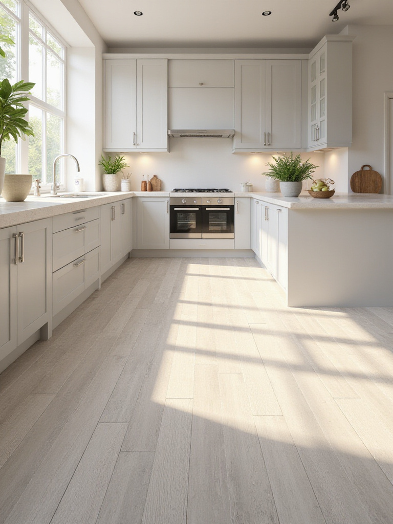 Modern kitchen floor with light gray rectangular tiles in a herringbone pattern.