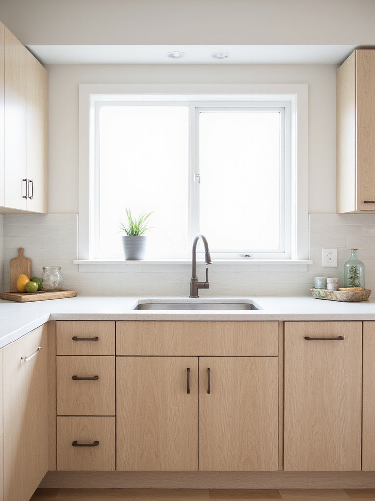 Beautiful kitchen with newly refaced light wood cabinets and white quartz countertops.