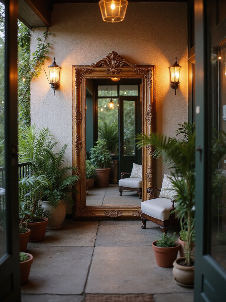 Outdoor patio with a large mirror creating the illusion of more space.
