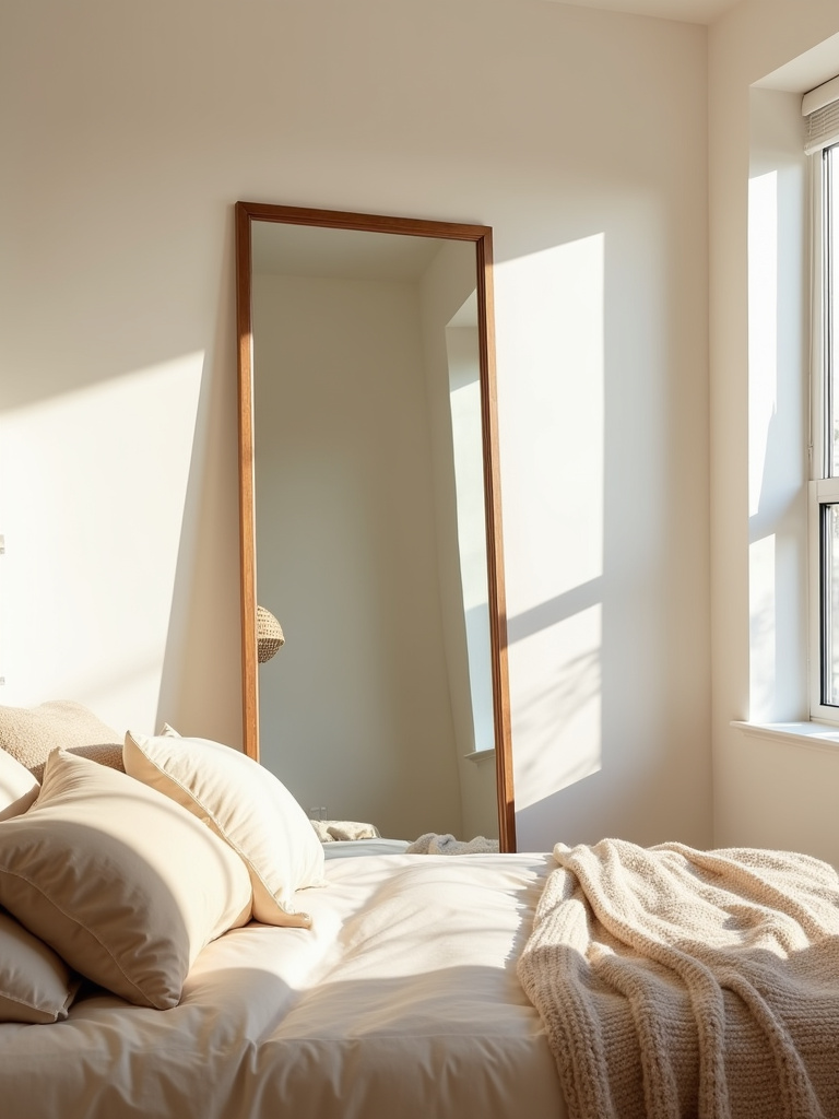 Beige bedroom with large beige framed mirror reflecting natural light and enhancing space.