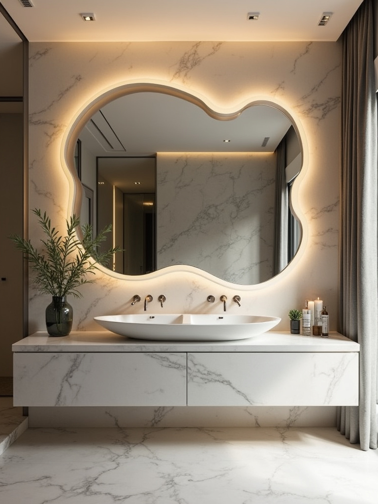 Luxury bathroom featuring a statement mirror with integrated LED lighting.