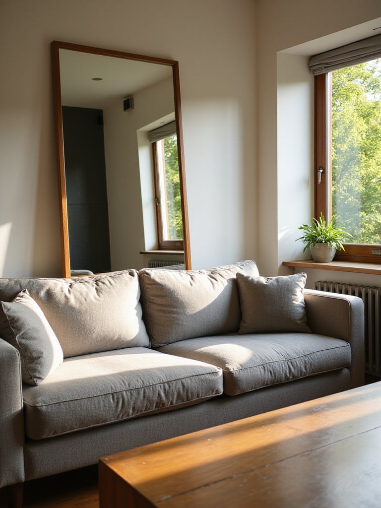 Living room with a large mirror reflecting light and creating the illusion of more space.
